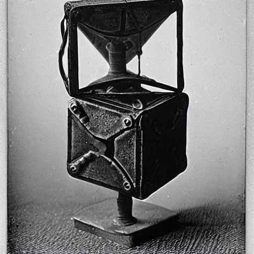 Image similar to 1 8 8 5 photo of a riveted companion!! cube!! from portal 2, daguerrotype, high quality