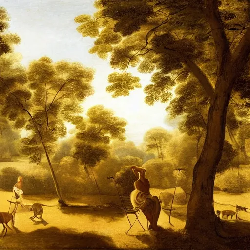 Prompt: Installation art, the warm, golden light of the sun casts a beautiful glow on the scene, and the gentle breeze ruffles the leaves of the trees. The figures in the installation art are engaged in a simple activity, the way they are positioned and the expressions on their faces suggest a deep connection. Peace and contentment, idyllic setting. zebra print by Frans Francken the Younger minimalist