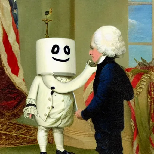 Prompt: Victorian painting of Marshmello greeting George Washington