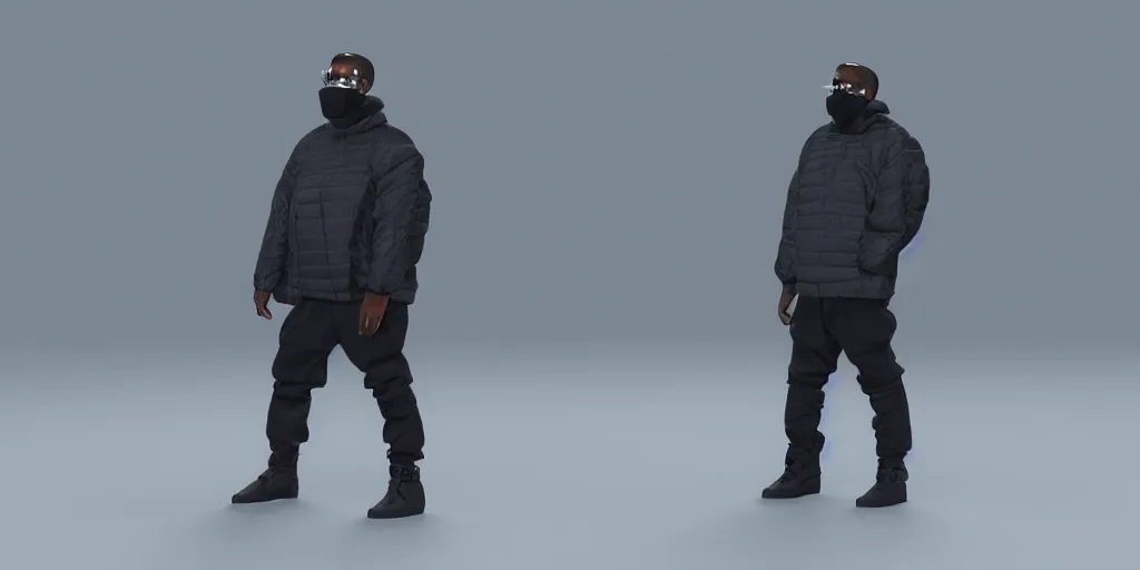 Prompt: kanye west wearing a cloth black face covering mask, a small, tight reflective bright blue puffer jacket made of nylon, jeans pants made and big black rubber boots in 3 d, blender, octane render, 3 d render, realistic, unreal engine, studio light, 4 k, 8 k