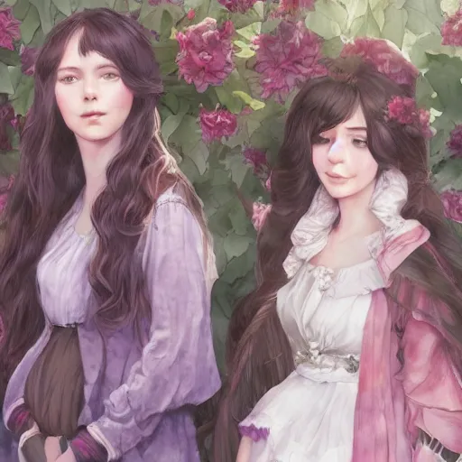 Prompt: a highly detailed portrait of sisters with purpure very very long hair, There are large snow-white peonies in the background, artstation, watercolor, highly detailed, portrait, by krenz cushart