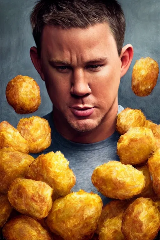 Image similar to channing tatum in a tater tot costume, oil on canvas, intricate, 8 k highly professionally detailed, hdr, cgsociety