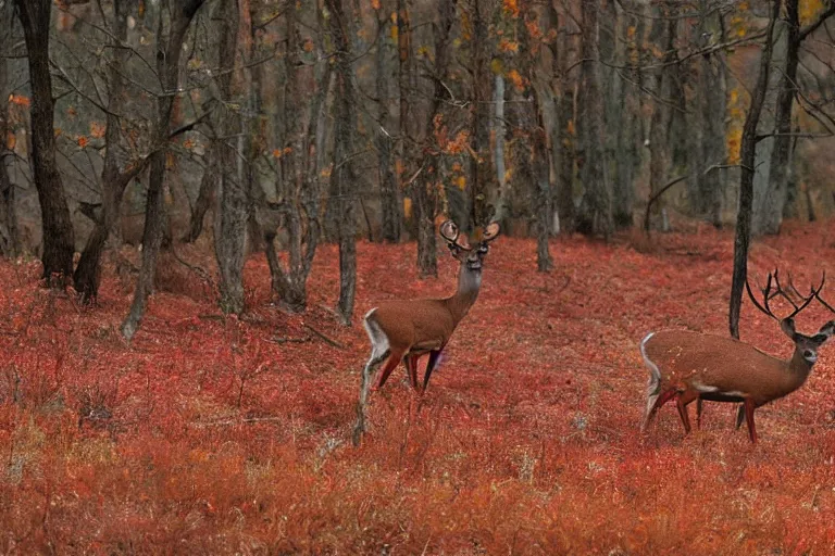 Image similar to a national geographic photo of deer that red color in forest, f 2,0, telephoto