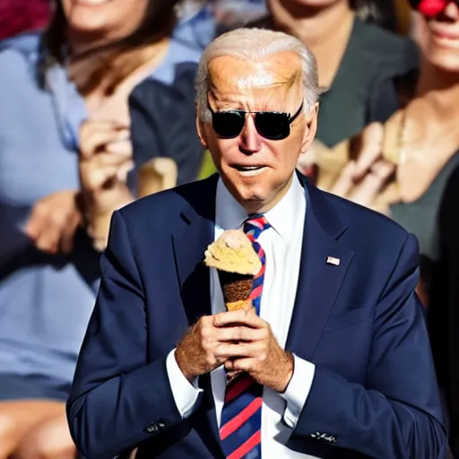Prompt: joe biden with sunglasses on eating donald trumps ice cream cone