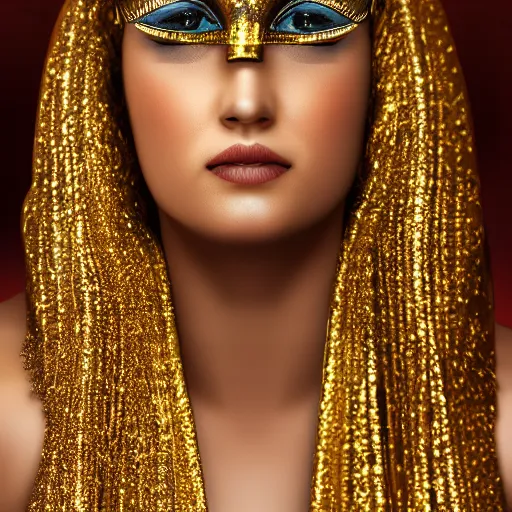 Image similar to photo graph of an egyptian woman, gold face chains, elegant, fancy, rich, character design, costume, egyptian, arabian, dune, desert