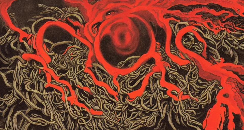 Image similar to a volcano made of ivory vines and crimson rocks enters in eruption, it spits a smoke in the shape of demonic eye, by ED roth