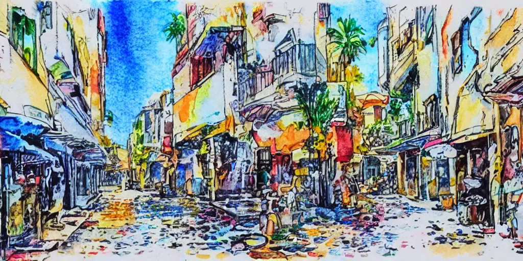 Image similar to streets of tel aviv. pen painting watercolors. colorful