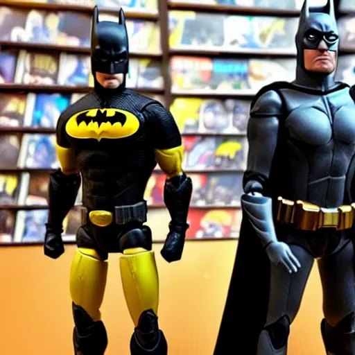 Prompt: action figure of batman and ironman in a comic book store