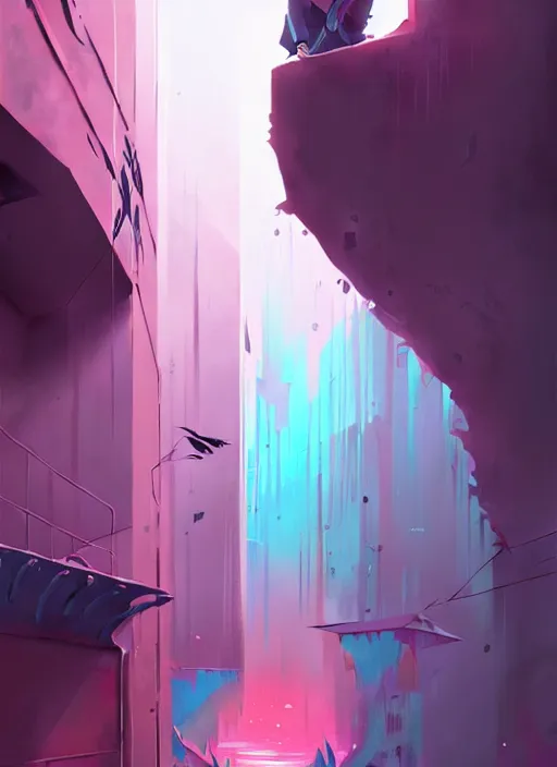 Image similar to matte painting extreme offset 3 d calligraphy graffiti mural dripping paint wall extreme maximalism by atey ghailan, by greg rutkowski, by greg tocchini, by james gilliard, by joe fenton, pink, brown, black and light blue color scheme, octane render