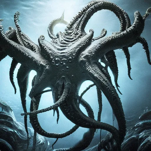 Image similar to old god eldritch horror terrifying the deep abyss of the ocean floor, epic scene, underwater photography, hyper - detailed, gigantic cthulhu, photo - realistic wallpaper, dark art