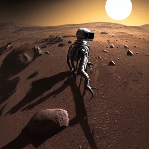 Prompt: alien taking a selfie on mars, dramatic lighting, cinematic, establishing shot, extremly high detail, photorealistic, cinematic lighting, artstation, style by James Gurney