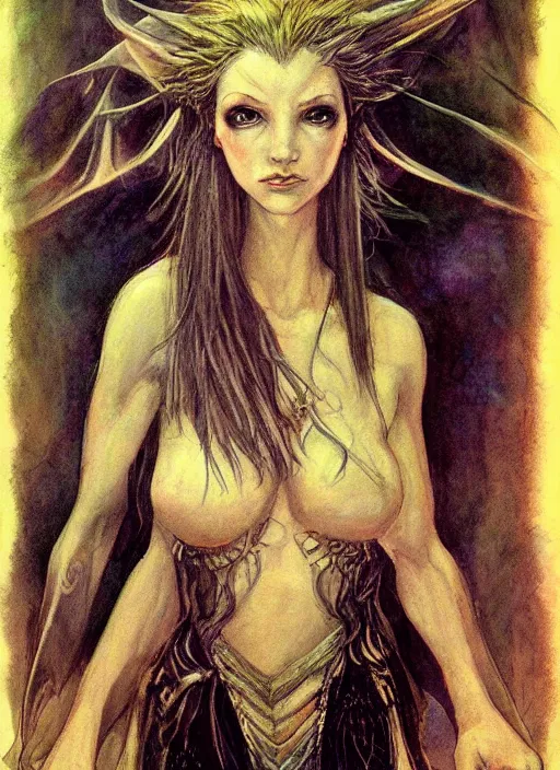 Image similar to portrait of lithe female sorceress of the fey, beautiful! coherent! dungeons and dragons character, by brian froud, strong line, night color, high contrast