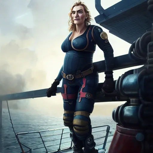 Prompt: a heroic portrait of Kate Winslet mechanic with one prosthetic metallic gauntlet standing on a ship deck by Greg Rutkowski, ultra realistic, by Sung Choi, photorealistic 8k, cinematic lighting, HD, high detail, atmospheric, trending on artstation, high detailed face