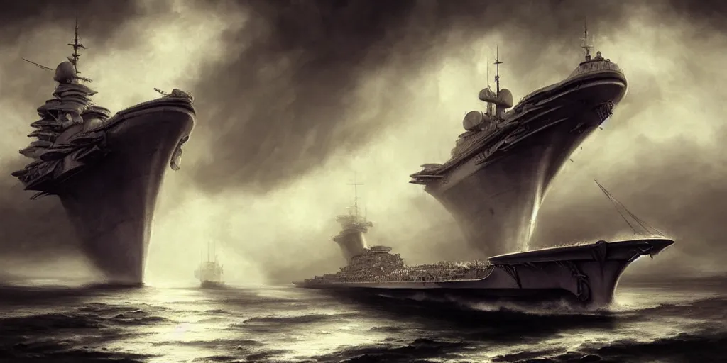 Prompt: a viking style aircraft carrier, by Rolf Armstrong and Evelyn De Morgan and Bastien Lecouffe-Deharme, dramatic lighting, high contrast colors, baroque, empyrean, panoramic view, as trending on Artstation, highly detailed, doom engine,