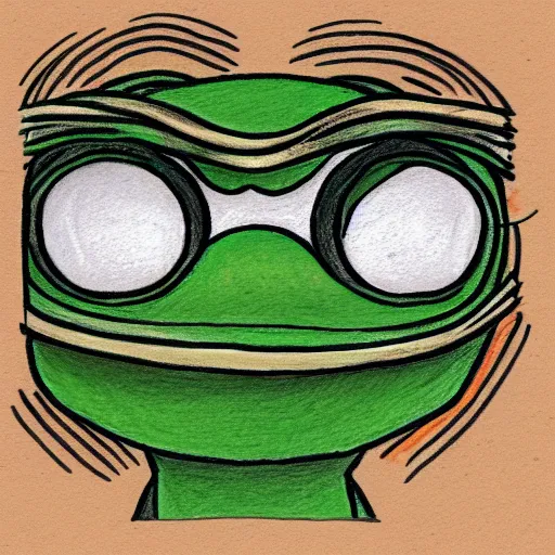 Prompt: pepe the frog from 4chan smirking, coloured pencil sketch in the style of matt furie feels good man, shadows, cool, hand drawn