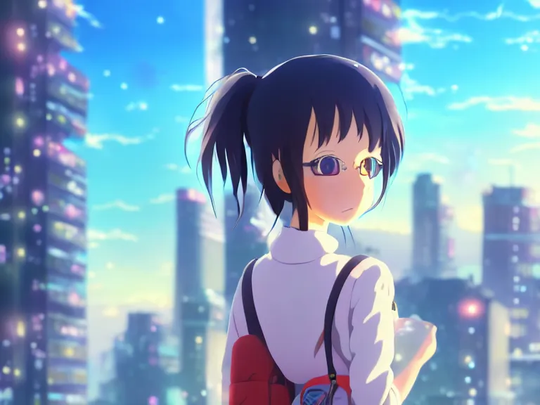 Prompt: anime fine details portrait of joyful school girl in front of cyberpunk moder city landscape on the background deep bokeh, close-up view, anime masterpiece by Studio Ghibli. 8k, sharp high quality anime, artstation