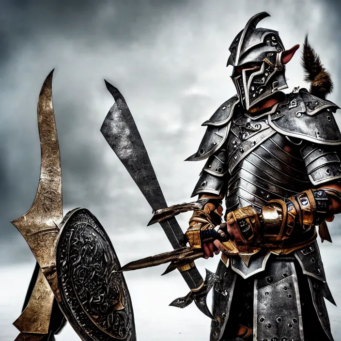 Image similar to photo of a warrior with metal elf orc hybrid themed armour, highly detailed, 4 k, hdr, smooth, sharp focus, high resolution, award - winning photo