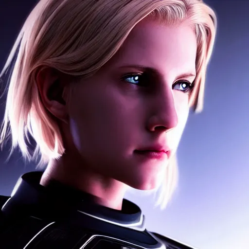 Image similar to Annie Leonhart in a Tron movie, atmospheric photo, beautiful face, cute, realistic skin, beautiful eyes