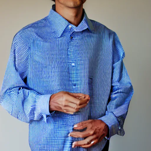 Image similar to man wearing shirt made of smaller shirts, 2 0 mm lens, photography