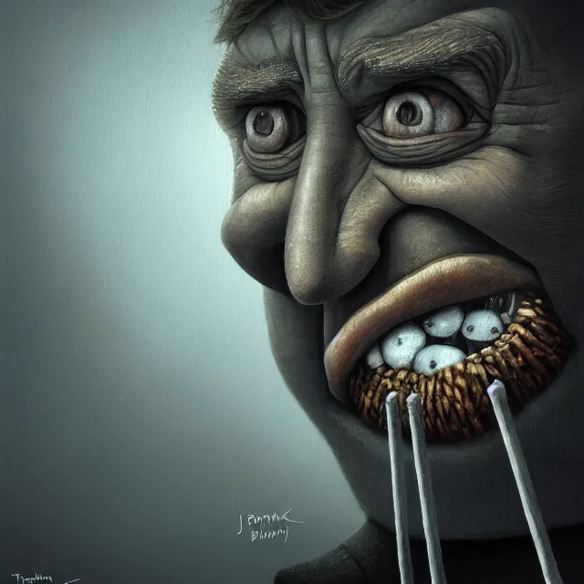 Prompt: behind bars of jail gediminas pranckevicius | close up portrait of a the trump in the sinister valley of despair, one mouth, one nose, two eyes, oil painting by tomasz jedruszek, cinematic lighting, pen and ink, intricate line, hd, 4 k, million of likes, trending on artstation