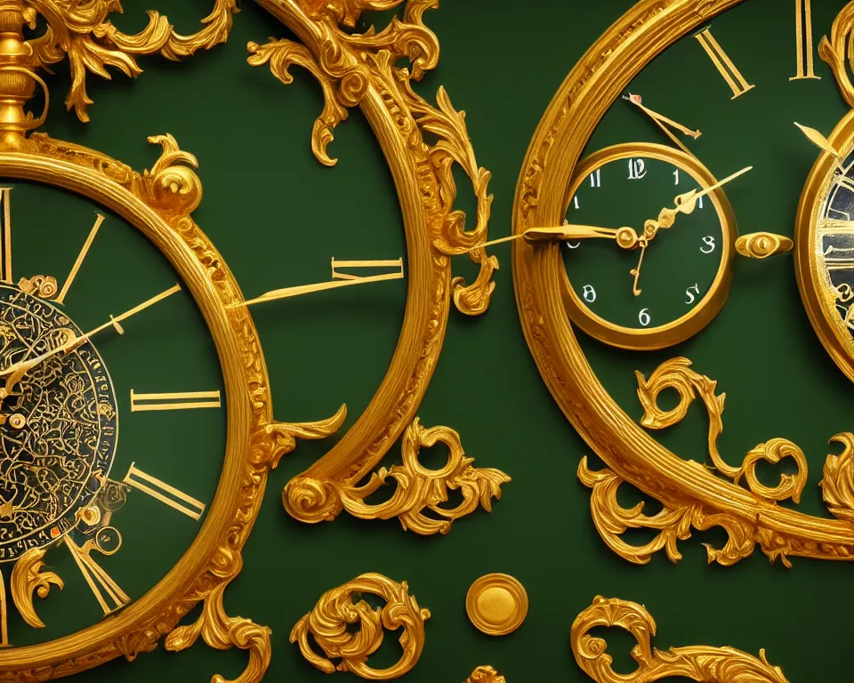 Prompt: an achingly beautiful print of dozens of ornate gold clocks on a dark green wall by Raphael, Hopper, and Rene Magritte. detailed, romantic, enchanting, trending on artstation.
