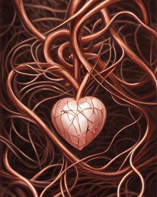 Prompt: rose gold heart, wrapped in vines, vray, machine face, intricate, elegant, highly detailed, digital painting, artstation, cgsociety, concept art, smooth, sharp focus, illustration, yoshitaka amano, art by camille corot and karol bak and kim tschang yeul, 8 k