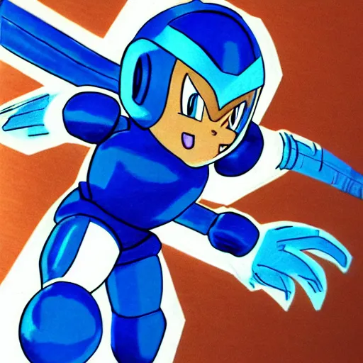 Prompt: Megaman as a 1980s realistic drawing