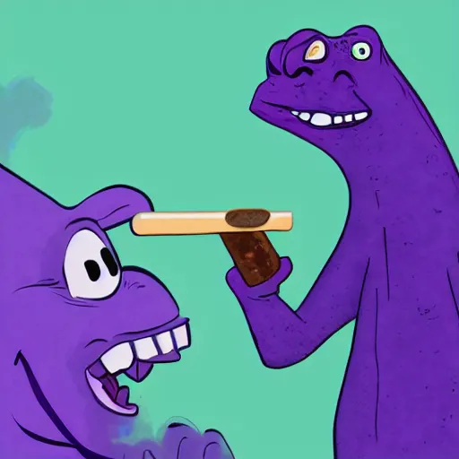 Prompt: barney the purple dinosaur from kids show drinking whisky and smoking a cigar, portrait art, digital art, trending on artstation