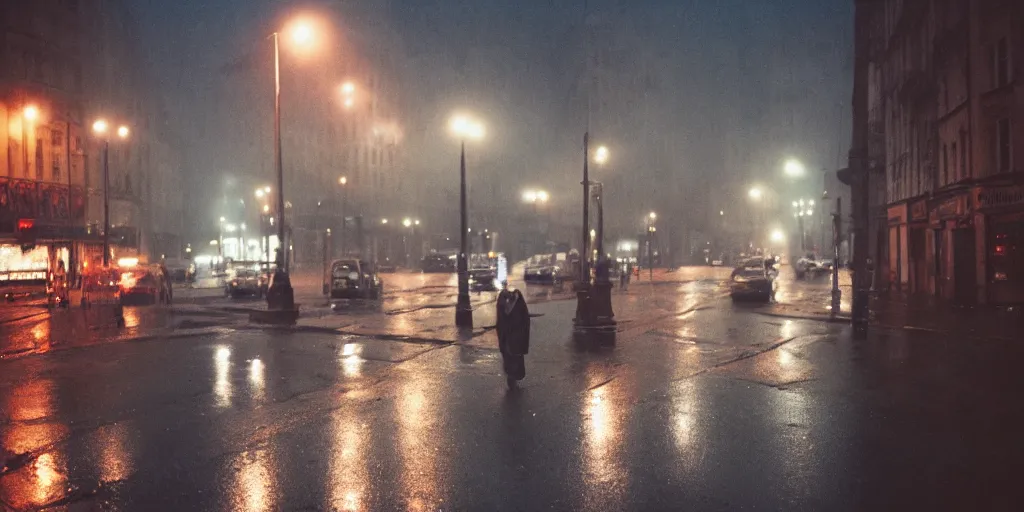 Image similar to street of paris photography, night, rain, mist, cinestill 8 0 0 t, in the style of william eggleston