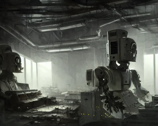 Image similar to gloomy ruined server room in datacenter painting concept art of humanoid robot colossus, sharp focus, emitting diodes, smoke, artillery, pacing, computers, racks, motherboard, by pascal blanche rutkowski repin artstation hyperrealism detailed matte painting, 4 k resolution