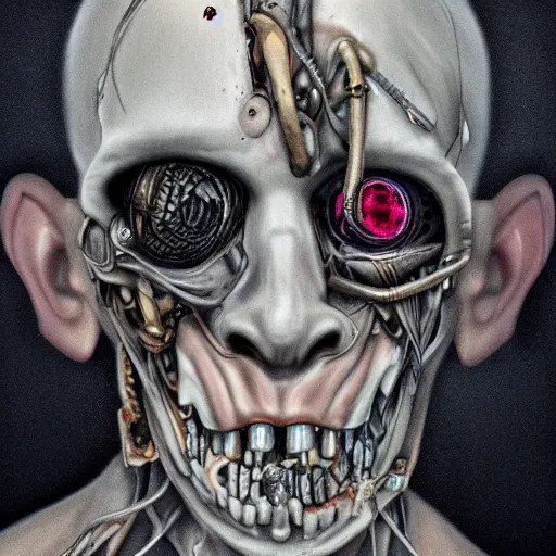 Image similar to photorealistic portrait of a twisted, corrupted, decaying cyborg