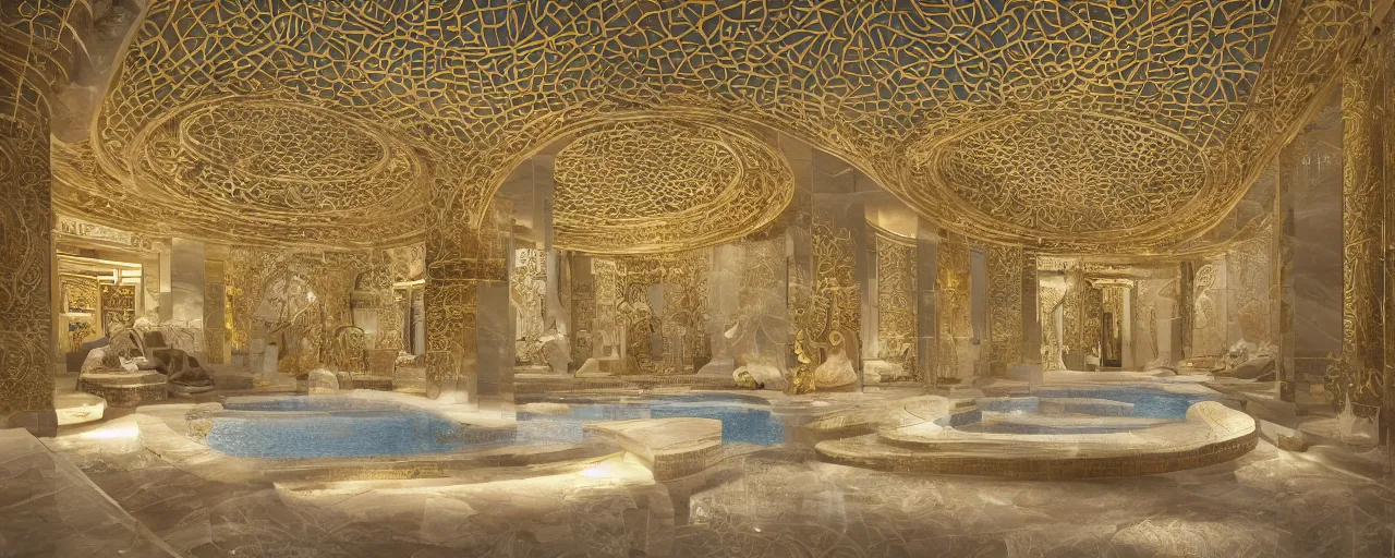 Image similar to interior of a double height hyper luxury spa with everything made of gold, candles, beige stone marble floor, wellness relaxation pool, intricate hieroglyph detailed roof, contemporary design, sacred geometry, 8 k, hyperrealistic, photorealism, windows with view to wadi al disah mountains