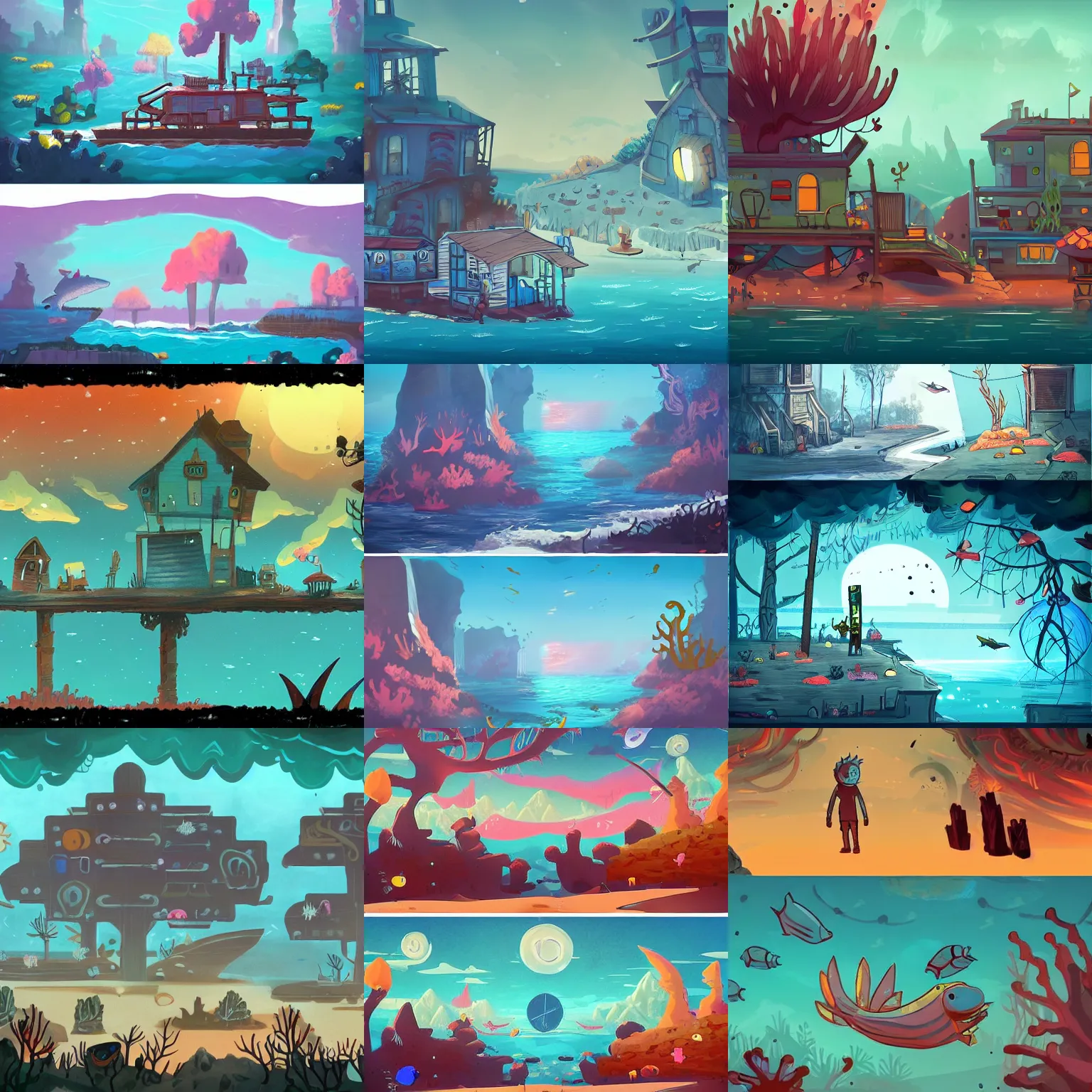 Prompt: beautiful art for a 2d side scroller game set in a post apocalyptic sea fairing town with lots of coral and fish inspired by night in the woods