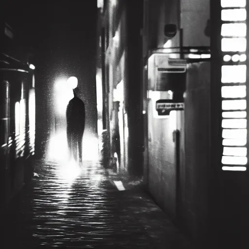 Image similar to an abstract photograph of a lonely male shadowy figure, there is a dark street with lanterns reflected on the ground, underwater, motion blur, 35 mm, black-and-white