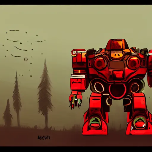 Prompt: concept art of aver sad heavy fat mech, red with a yelow star and made witth metal, looking down and bored, rain, photoshop, trending on artstation by alex ichim and evan leep and salvatorre yazzie, # mechanical design, # mecha, # digital 2 d, # character design