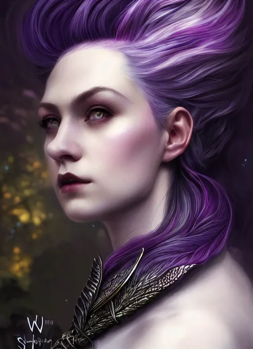 Prompt: side portrait beautiful german woman, adventurer outfit large cloak, fantasy forest landscape, dragon scales, fantasy magic, undercut hairstyle, short purple black fade hair, dark light night, intricate, elegant, sharp focus, illustration, highly detailed, digital painting, concept art, matte, art by wlop and artgerm and ivan shishkin and andrey shishkin, masterpiece