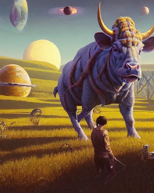 Prompt: highly detailed surreal vfx portrait of a futuristic minotaur in a rural farm with planets in background, stephen bliss, unreal engine, greg rutkowski, loish, rhads, beeple, makoto shinkai and lois van baarle, ilya kuvshinov, rossdraws, tom bagshaw, alphonse mucha, global illumination, detailed and intricate environment