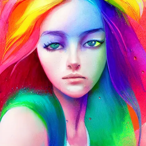 Prompt: stunningly beautiful, attractive, woman, rainbow hair, soft eyes and narrow chin, dainty figure, long hair straight down, torn overalls, short shorts, combat boots, wet tshirt, raining, basic white background, side boob, symmetrical, single person, style of by Jordan Grimmer and greg rutkowski, crisp lines and color,