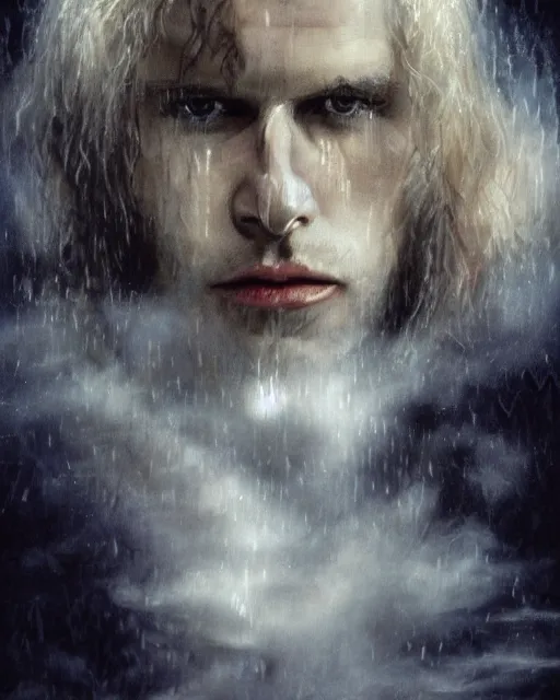 Image similar to alternate cover art for the movie interview with a vampire starring a long haired blonde tom cruise as lestat de lioncourt, face centered portrait, confident, unused design, nightmare world, fog, rain, volumetric lighting, realistic illustration, perfectly shaded, soft painting, art by krenz cushart and wenjun lin