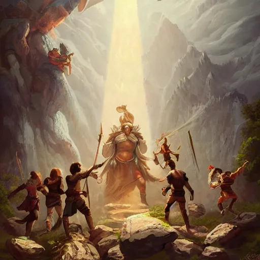 Prompt: a group of adventurers challenging the gods of old, fantady painting, artstation