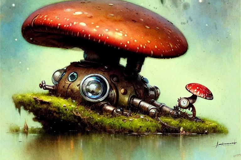 Image similar to adventurer ( ( ( ( ( 1 9 5 0 s retro future robot mouse amphibious vehical home. muted colors. swamp mushrooms ) ) ) ) ) by jean baptiste monge!!!!!!!!!!!!!!!!!!!!!!!!! chrome red