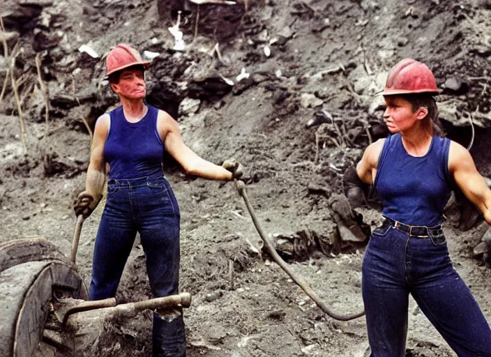 Prompt: 90's professional color photograph, A Very muscular coal miner woman