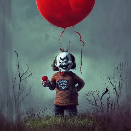 Image similar to grunge cartoon landscape painting of chucky with a wide smile and a red balloon by - michal karcz, loony toons style, pennywise style, horror theme, detailed, elegant, intricate