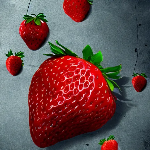 Image similar to huge strawberries fall to earth, apocalypse, 4 k, 8 k, trending on artstation