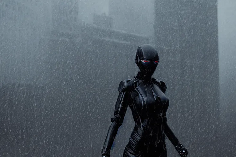 Image similar to vfx marvel sci-fi woman black super hero robot photo real full body action pose, flying over city street cinematic lighting, rain and fog by Emmanuel Lubezki