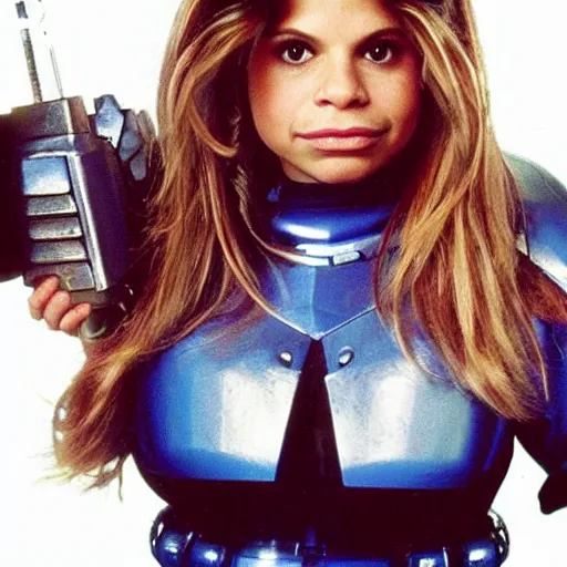 Prompt: promotional portrait of <Danielle Fishel circa 1993> as <Topanga Lawrence the Space Priestess> in the new movie directed by <Tetsuya Nomura>, <heavily armored and brandishing sci-fi blaster>, <perfect face>, movie still frame, promotional image, imax 70 mm footage