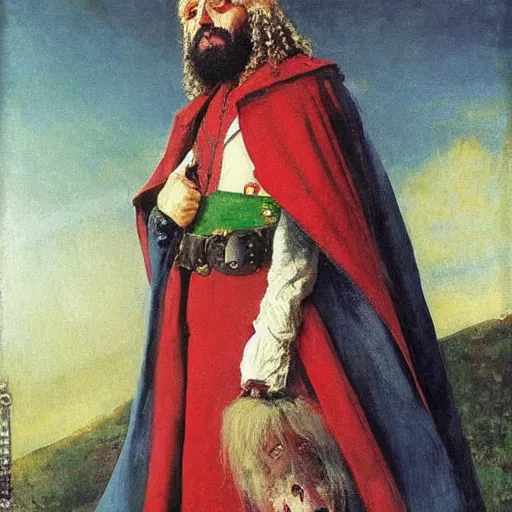 Prompt: King Tommy Chong wears a doublet whilst wearing a red velvet cape and OG Kush Indica helmet ilya repin alexandre benois edward julius detmold jehan choo jeff simpson raphael lacoste guillem h. pongiluppi grisaille