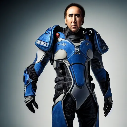 Image similar to Nicolas Cage wearing Powered Combat Suit in Starcraft, promo shoot, studio lighting