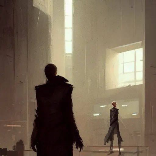 Prompt: concept art by greg rutkowski, a very tall and slender woman with blond hair, talking to a very tall and slender man with short black hair, brutalist futuristic interior, dark lighting atmosphere, detailed portraits, nostalgic atmosphere, scifi, digital painting, artstation, concept art, smooth, sharp foccus ilustration, artstation hq