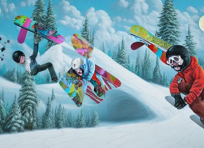 Image similar to snowboarding into another dimension, lowbrow, matte painting, 3 - d highly detailed, in the style of mark ryden,